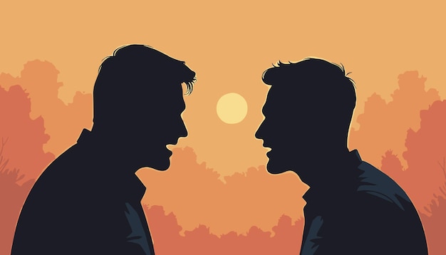 Silhouette of two men arguing at sunset with an orange sky background