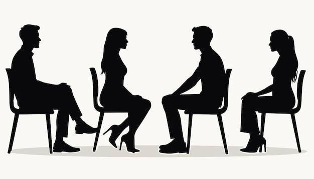 Silhouette of two men and two women in conversation while seated on chairs