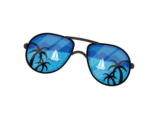 Silhouette of two palm trees on the background of the sea Sailboat sails on the sea Night landscape in the form of glasses Vector illustration on white background