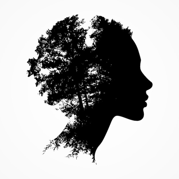 Silhouette vector of a womans profile blended with trees