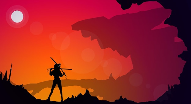 A silhouette of a warrior stands in front of a mountain with a large mouth and a large cave in the background.