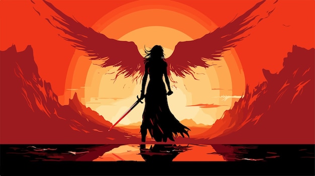 Vector silhouette of warrior woman with sword and sand wings