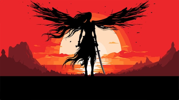 Vector silhouette of warrior woman with sword and sand wings