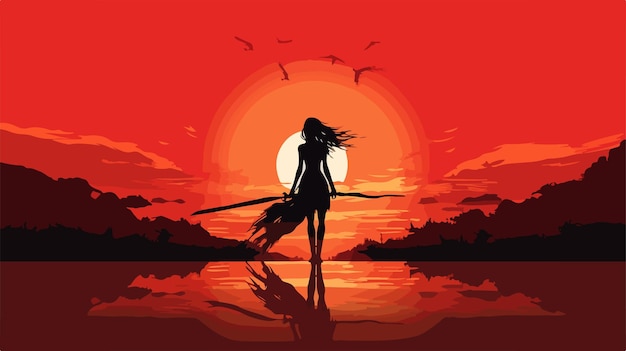 Vector silhouette of warrior woman with sword and sand wings