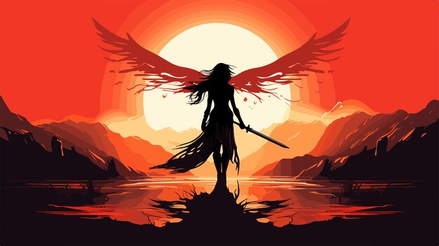 Vector silhouette of warrior woman with sword and sand wings