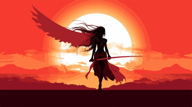 Vector silhouette of warrior woman with sword and wings