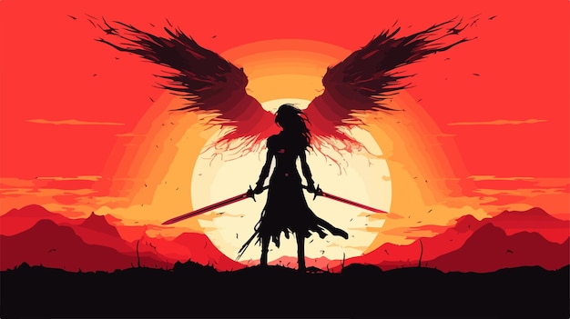 Vector silhouette of warrior woman with sword and wings