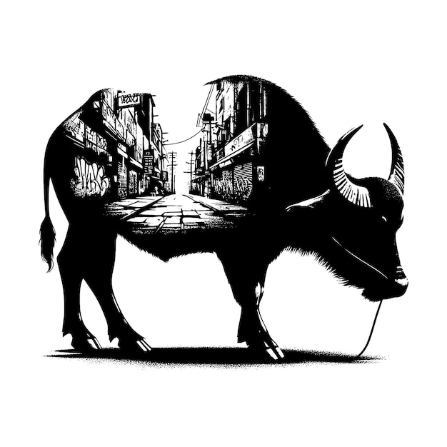 Vector silhouette of water buffalo filled with graffiti street wall in rough drawing