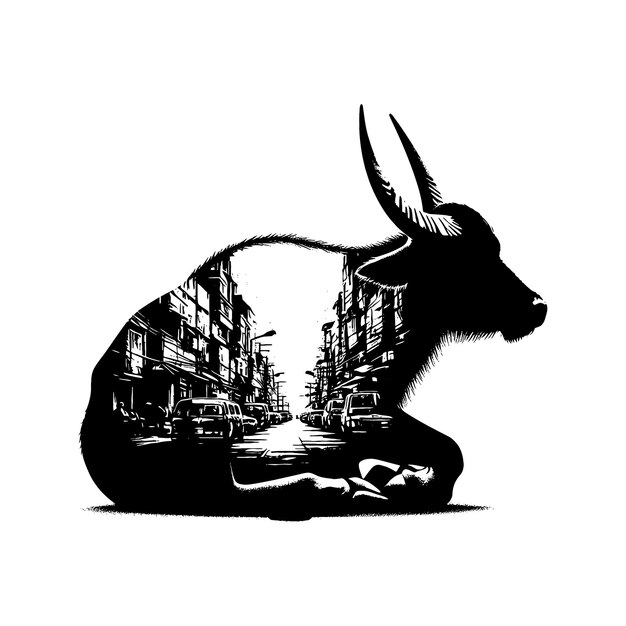 Vector silhouette of water buffalo filled with graffiti street wall in rough drawing