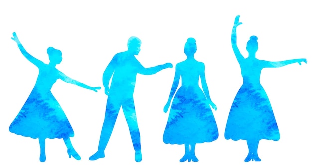 Silhouette watercolor dancing people on white background isolated