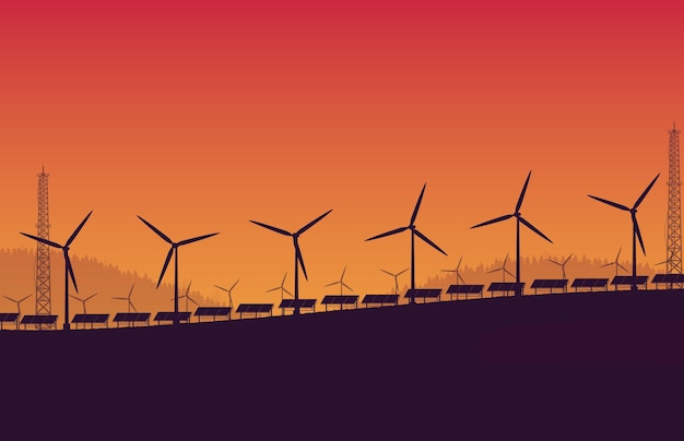 Silhouette wind turbine solar panel farm on orange gradient background