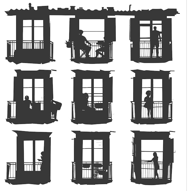 Silhouette Windows of home apartments show people activities black color only