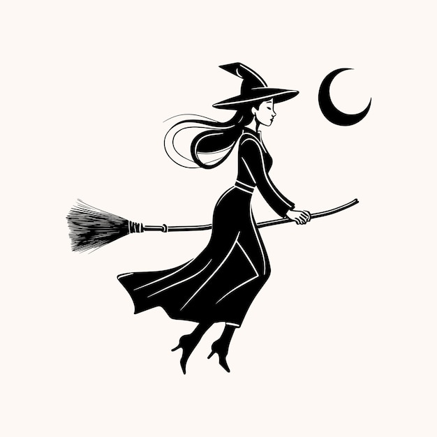 A silhouette of a witch flying on a broom illustration with a crescent moon in the background