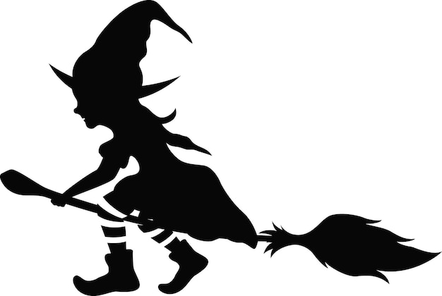 Silhouette of witch flying on broomstick