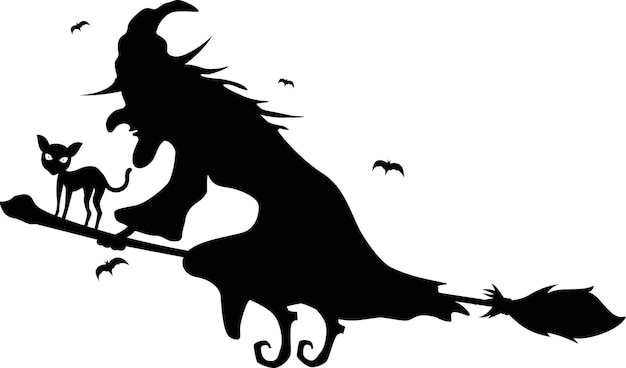 Silhouette of witch flying with cat on broomstick