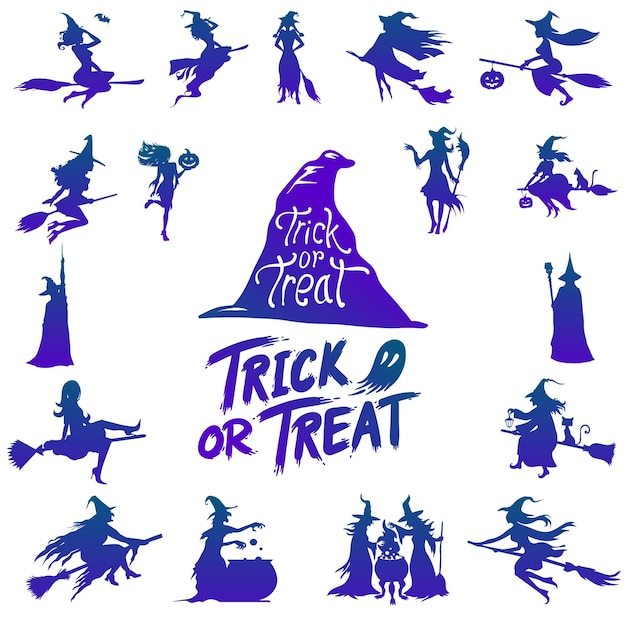 silhouette witches flying on broomstick set, Halloween Silhouette Elements