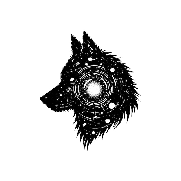 Vector silhouette of wolf filled with space and scifi element in rough drawing