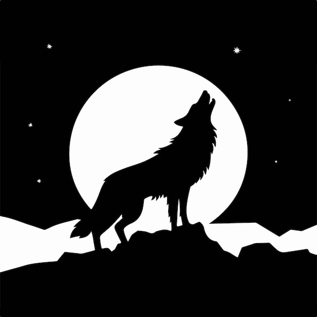 Vector a silhouette wolf howling at the moon with the moon behind it