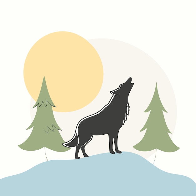 Vector silhouette wolf howling at the moon with trees in the background