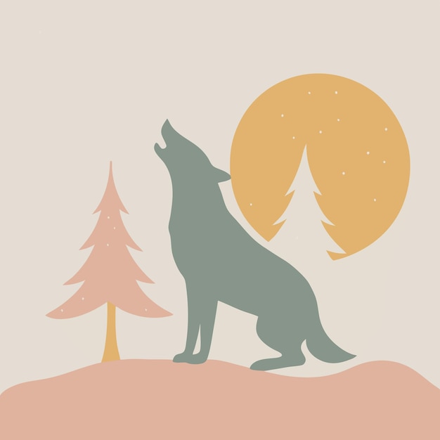 silhouette Wolf howling at the moon with trees in the background