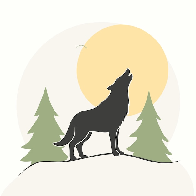 silhouette Wolf howling at the moon with trees in the background