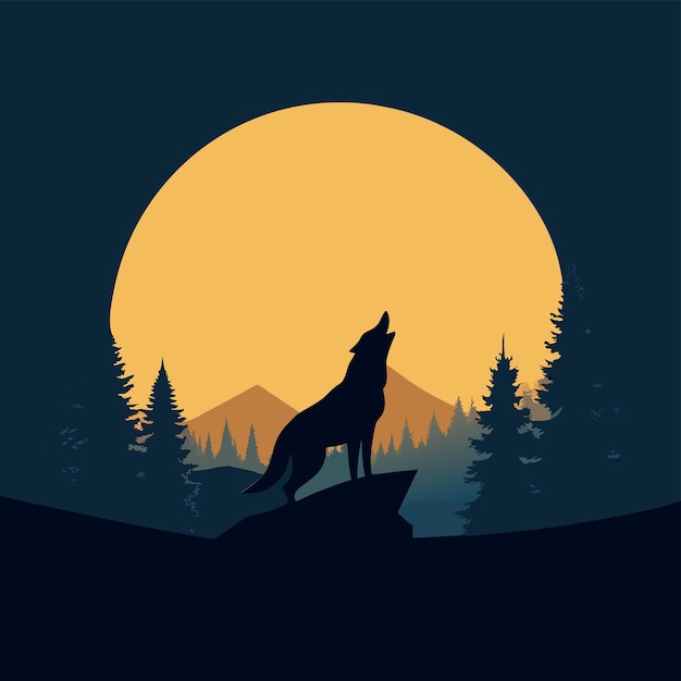 silhouette Wolf howling at the moon with trees in the background