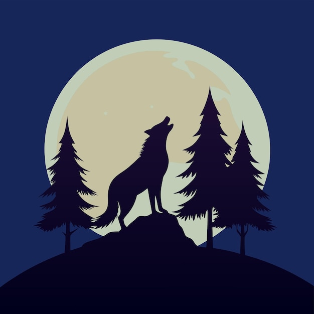 silhouette Wolf howling at the moon with trees in the background