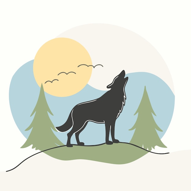 silhouette Wolf howling at the moon with trees in the background