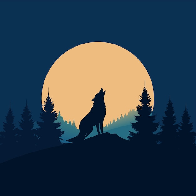 silhouette Wolf howling at the moon with trees in the background