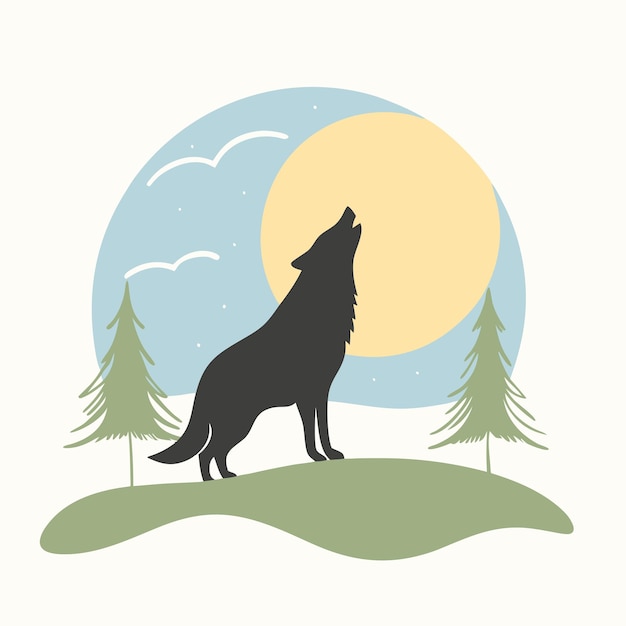 silhouette Wolf howling at the moon with trees in the background