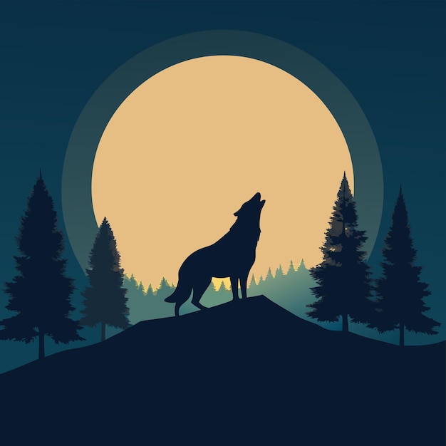 Vector silhouette wolf howling at the moon with trees in the background