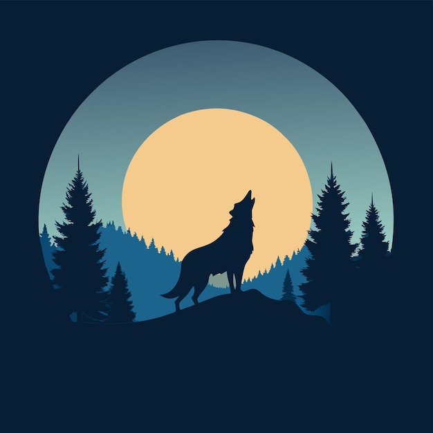 silhouette Wolf howling at the moon with trees in the background