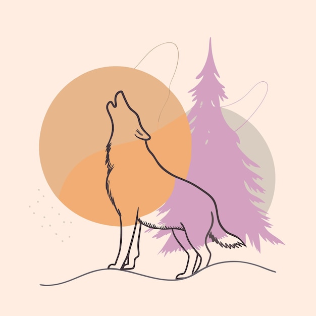 Vector silhouette wolf howling at the moon with trees in the background