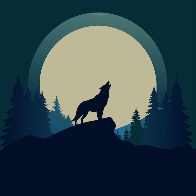 Vector silhouette wolf howling at the moon with trees in the background