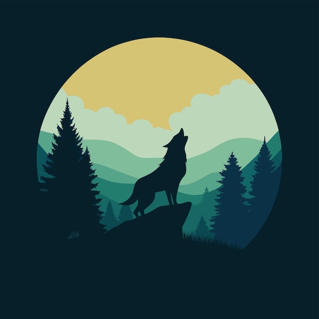 silhouette Wolf howling at the moon with trees in the background