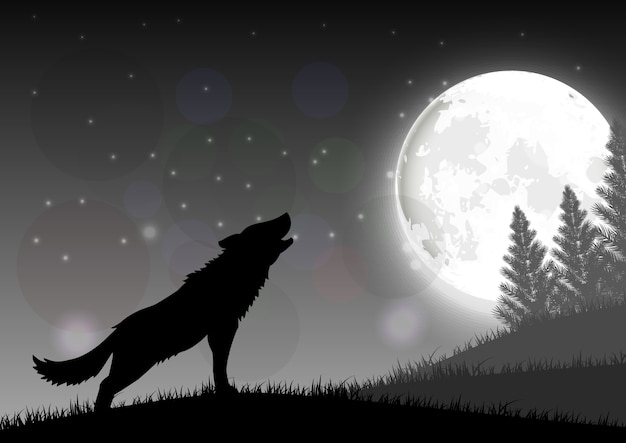 Silhouette of a wolf standing on a hill at night with moon