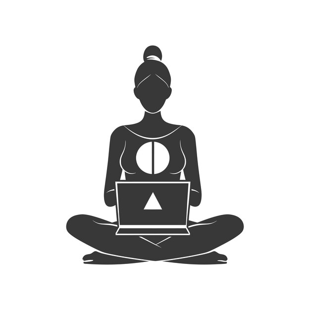 Vector silhouette of a woman sitting in lotus position with a laptop