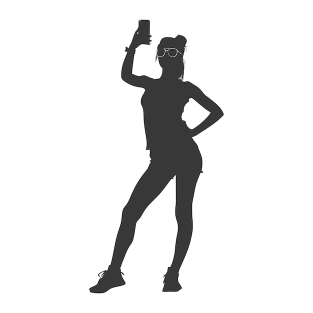 silhouette woman taking selfie photo on smartphone with poses