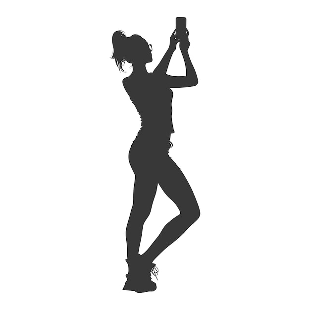 silhouette woman taking selfie photo on smartphone with poses