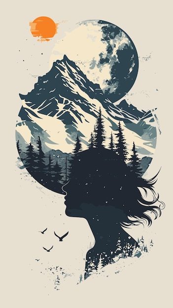 Vector silhouette of a woman with mountains in the background vector illustration