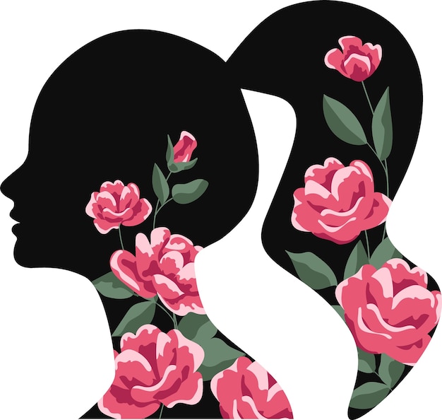 Silhouette of a woman with a tail Flowers in your hair The concept of mental health harmony and balance Vector illustration