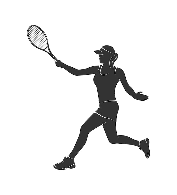 Silhouette of a woman with a tennis racket isolated on a white background