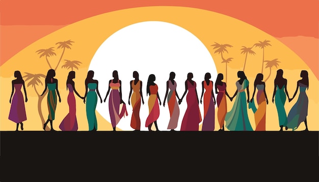 Vector silhouette of women on the beach at sunset vector illustration