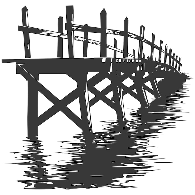 Vector silhouette wooden bridge across the river full black color only