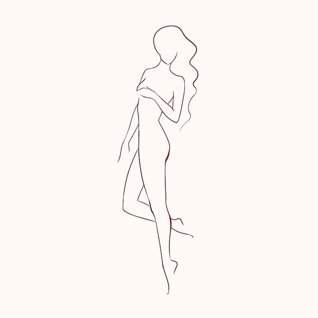 Silhouette of young beautiful long-haired nude woman with slim figure, hand drawn with contour lines.