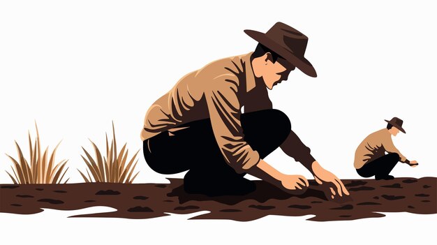 Vector silhouette of young farmer sowing seed in asia vector illustration