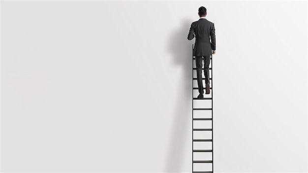 silhouette of young man on ladder as he is walking up a ladder of success and achieve his goals in