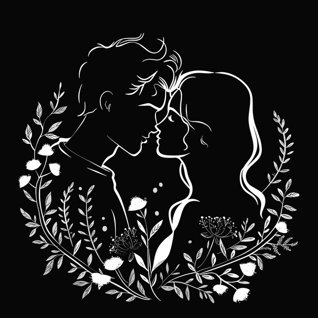 Vector silhouetted couple faces each other in a romantic black and white floral frame