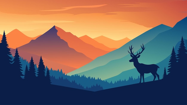 Silhouetted deer in a tranquil mountain landscape at dusk