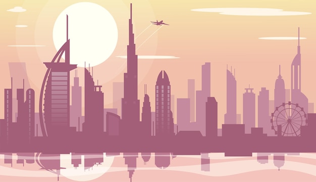 Vector silhouetted skyline with iconic buildings an airplane and ferris wheel vector illustration mirrored on a pale background concept of cityscape vector illustration